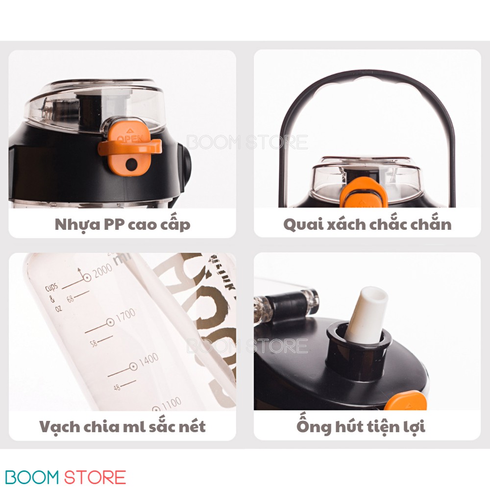 Bình nước thể thao 2 lít chia vạch có ống hút bằng nhựa cute Boom Store