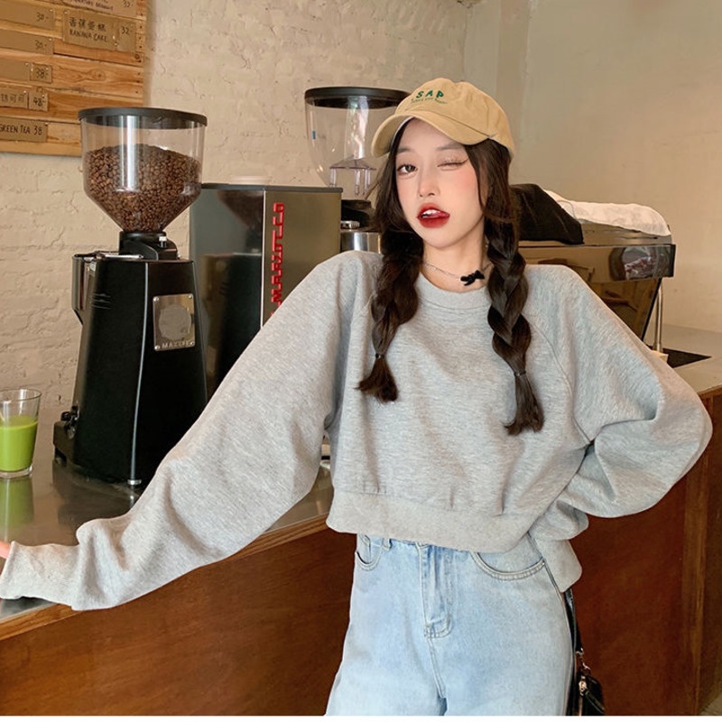 Áo Thun Tay Dài Phong Cách Preppy Cá Tính 206452 Áo Sweater Màu Trơn Dáng Ngắn Phong Cách Hàn Quốc Trẻ Trung