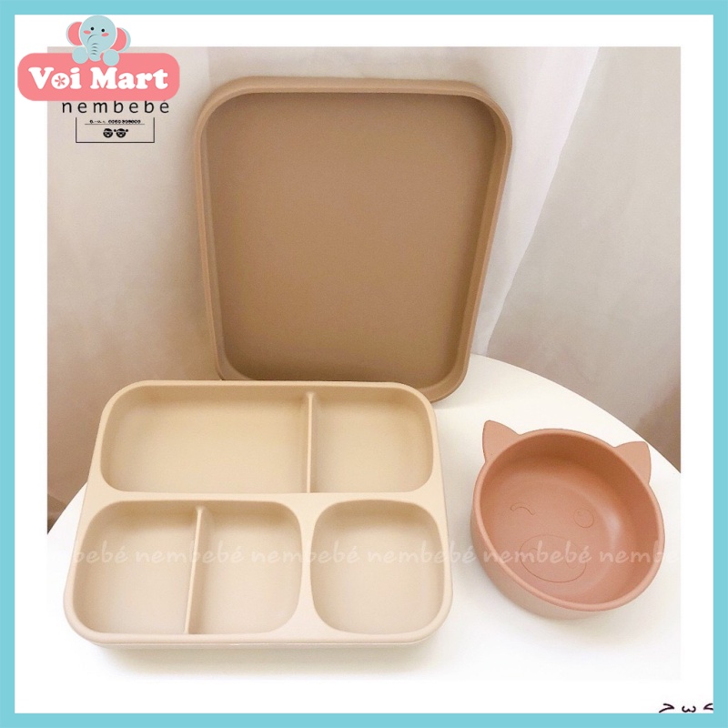 Khay Ăn Dặm Chống Đổ Silicon Có Nắp Đậy Cao Cấp BobbyDoll Cho Bé, Khay Ăn Dặm Hình Chữ Nhật Chất Liệu Silicon Cap Cấp