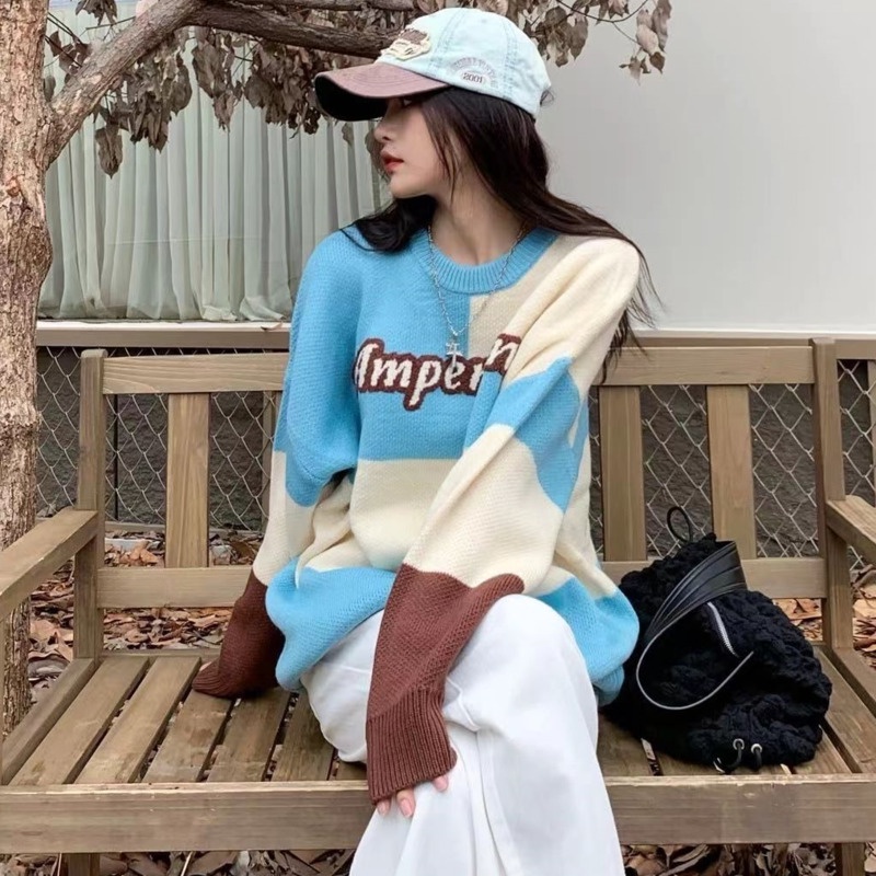 Áo Len Tay Dài Màu Sắc Tương Phản Phong Cách Hàn Quốc