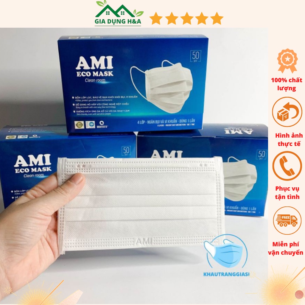 Khẩu trang y tế Ami màu trắng hàng 4 lớp kháng khuẩn 50 chiếc cao cấp