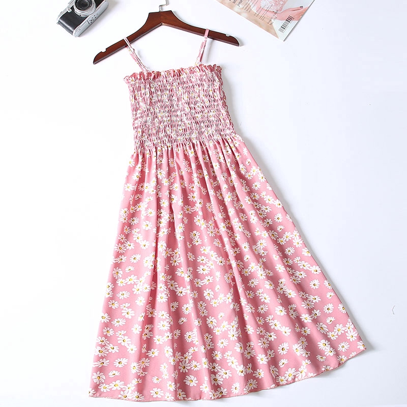 Korea Summer women strapless sexy pleated chiffon bohemian floral dress