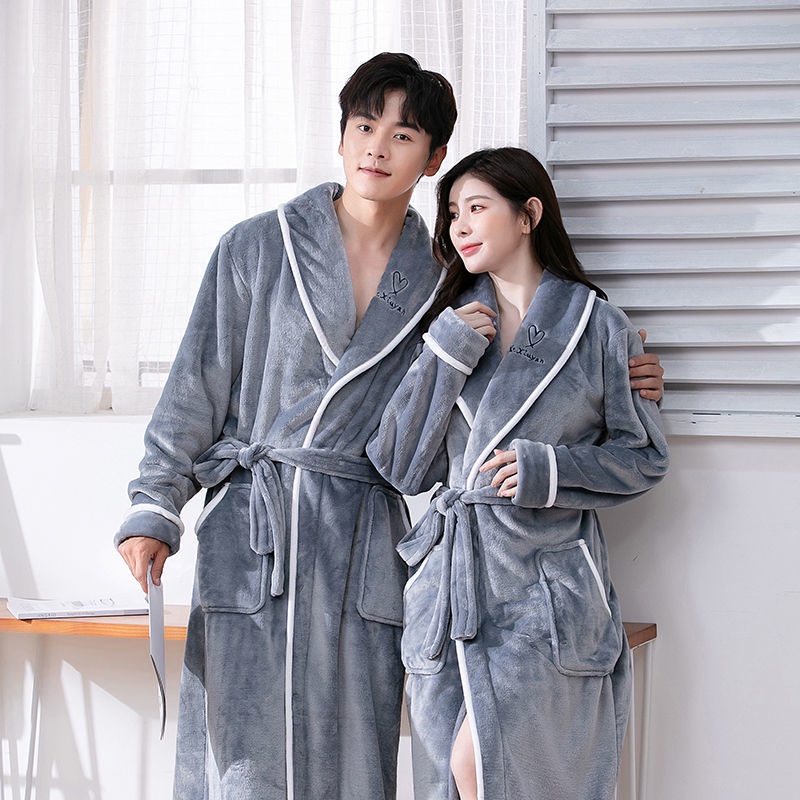 Áo Choàng Tắm/Ngủ/Ngủ Vải Lông Cừu San Hô Dày Dáng Dài Thời Trang Thu Đông Cho Nam Và Nữ