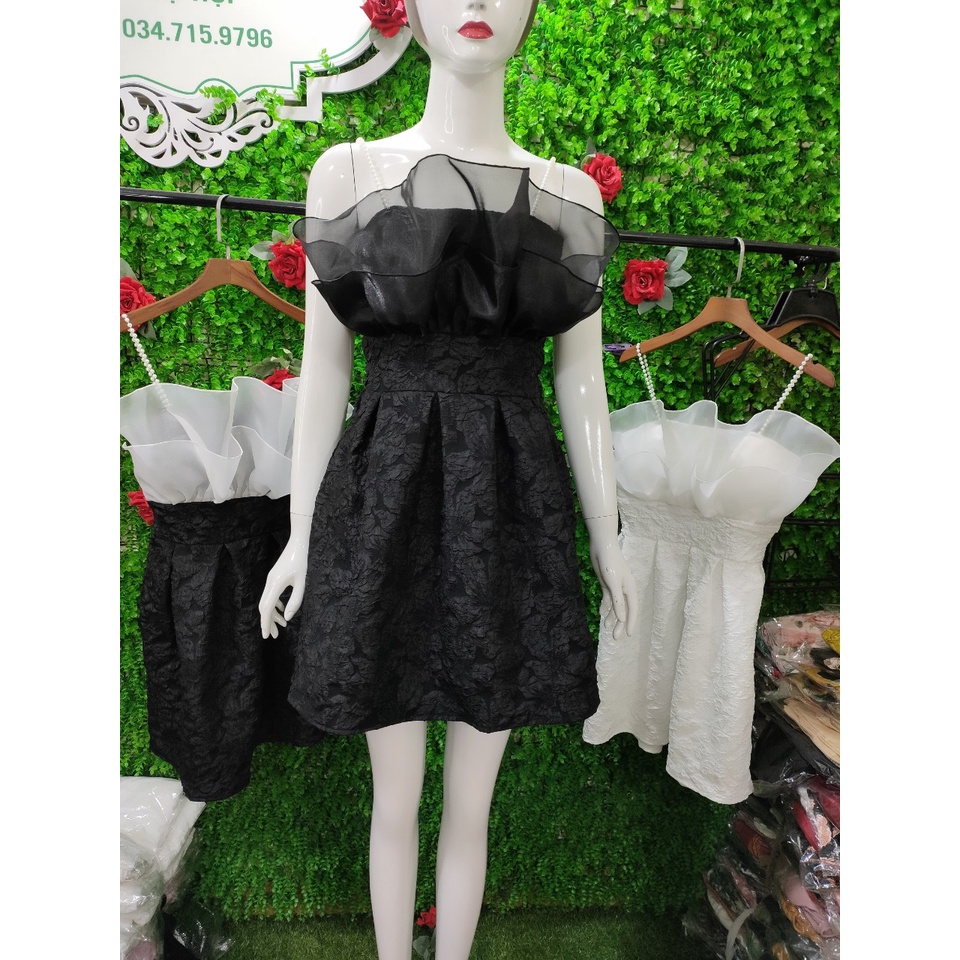 Váy thiết kế Thu Hương, đầm xốp hoa phối bèo hai dây ngọc hàng phi size 40_55kg 1 lớp.( loại 2). Đầm tiểu thư. | BigBuy360 - bigbuy360.vn