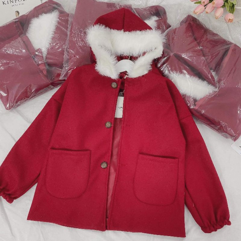 Áo khoác dạ đỏ mũ lông trắng siêu ấm BCi