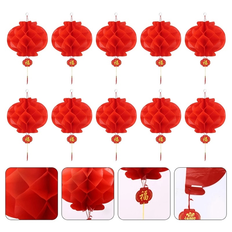 Đèn lồng tổ ong đỏ phong cách trung quốc / đèn lồng giấy thủ công chất lượng cao / đèn lồng giấy nhựa không thấm nước có thể tái sử dụng để trang trí nhà năm mới