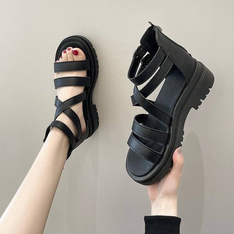 Giày sandal nữ gót cao phối da ulzzang quai ngang chiến binh