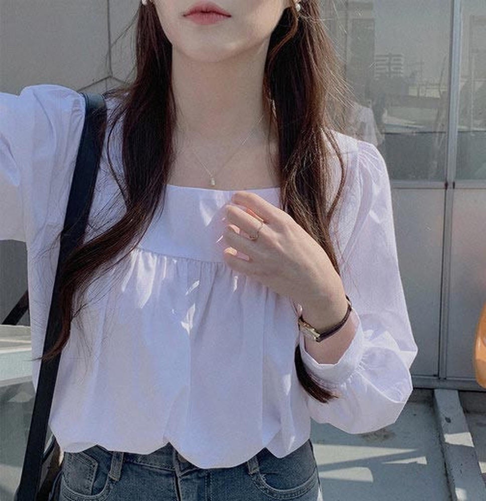 Áo Sơ Mi Nữ Tay Dài Cổ Vuông Màu Xanh Dương Dễ Phối Đồ Thời Trang 49734