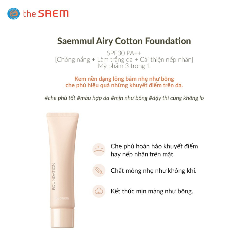 [CHÍNH HÃNG] Kem Nền The SAEM Saemmul Airy Cotton Foundation SPF30/PA++ 30g | BigBuy360 - bigbuy360.vn