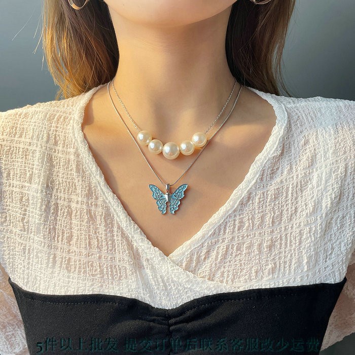 Vòng Cổ Choker Hai Lớp Mặt Hình Bướm Bằng Kim Loại Đính Ngọc Trai Thời Trang Thanh Lịch Sáng Tạo Dành Cho Bạn Nữ