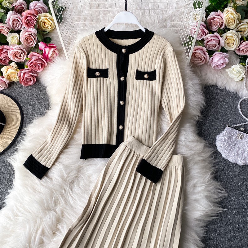 Set váy áo len thanh lịch chân váy xếp ly và áo khoác len cardigan áo chui đầu Đ254