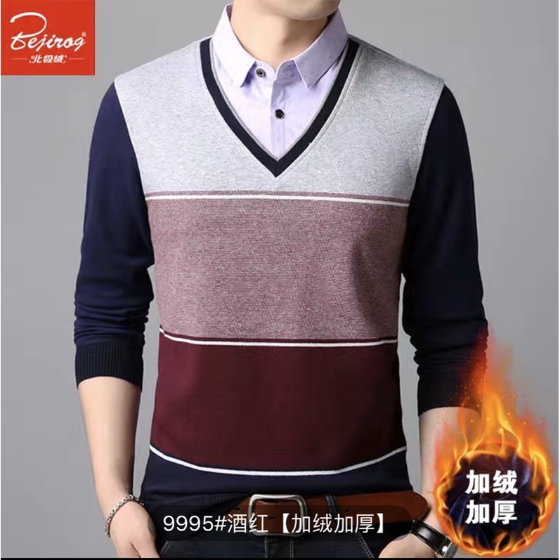 Áo len nam cổ tim lót lông phối chân cổ sơ mi