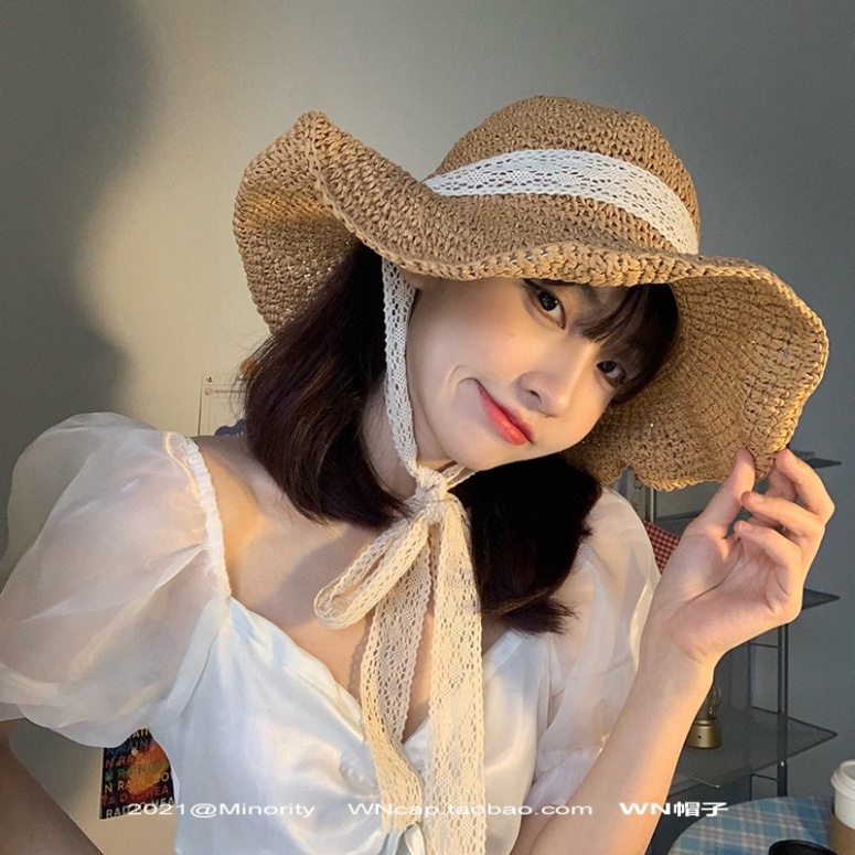 Mũ Cói Đi Biển vành rộng chống nắng vintage LUHAZO Tiểu Thư Mẫu Mới thắt nơ Quảng Châu K3t5