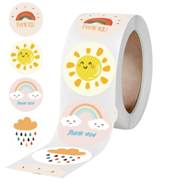 500 pcs/roll Round Cartoon Thank You Stickers Cute Sun Rainbow Clouds Sticker For Handmade Gift Decor Labels Kids Reward Stickers