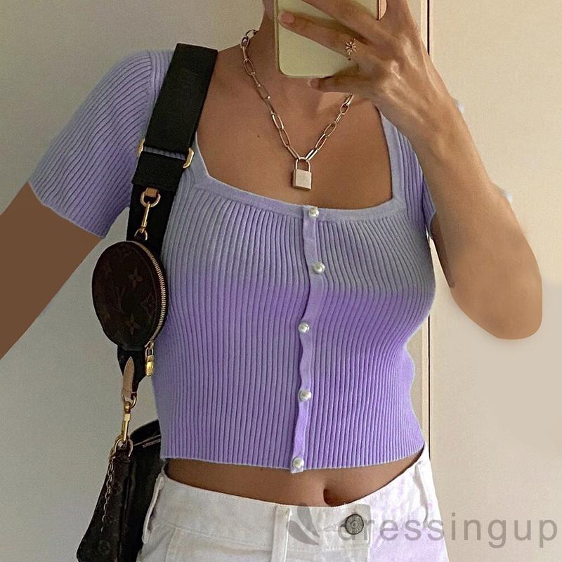 Áo Dệt Kim Nữ Tay Ngắn Cổ Vuông Màu Trơn Gợi Cảm