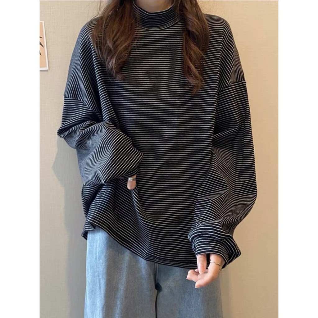 Áo sweater nỉ kẻ ngang cổ 3 phân form rộng ulzzang