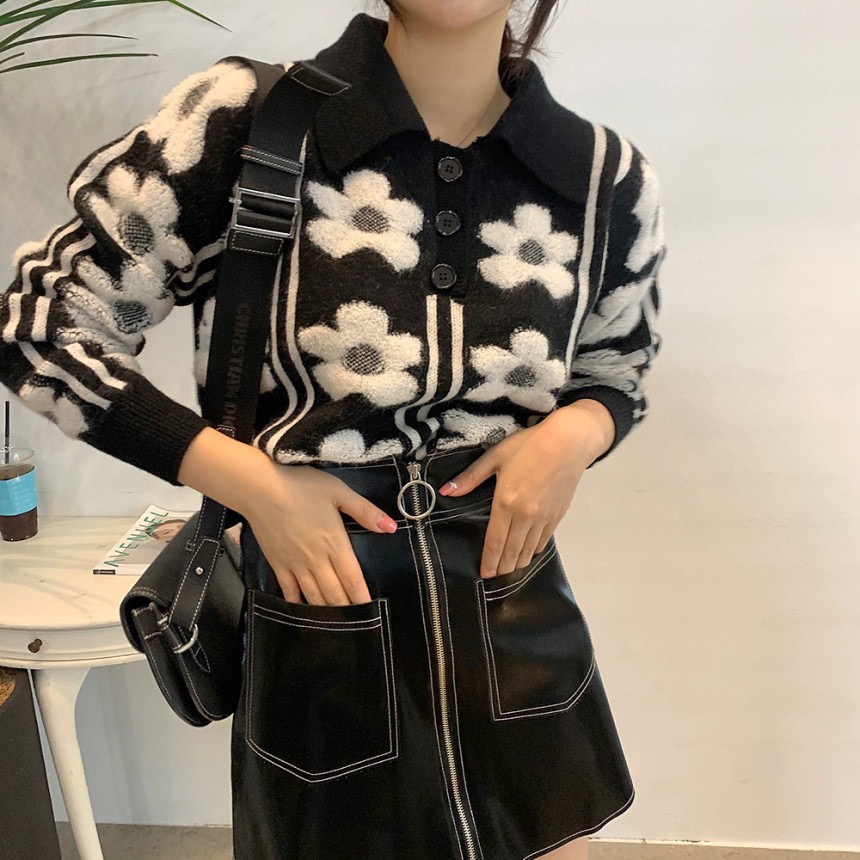 Áo sweater dệt kim tay dài in hoa ba chiều phong cách Pháp cổ điển