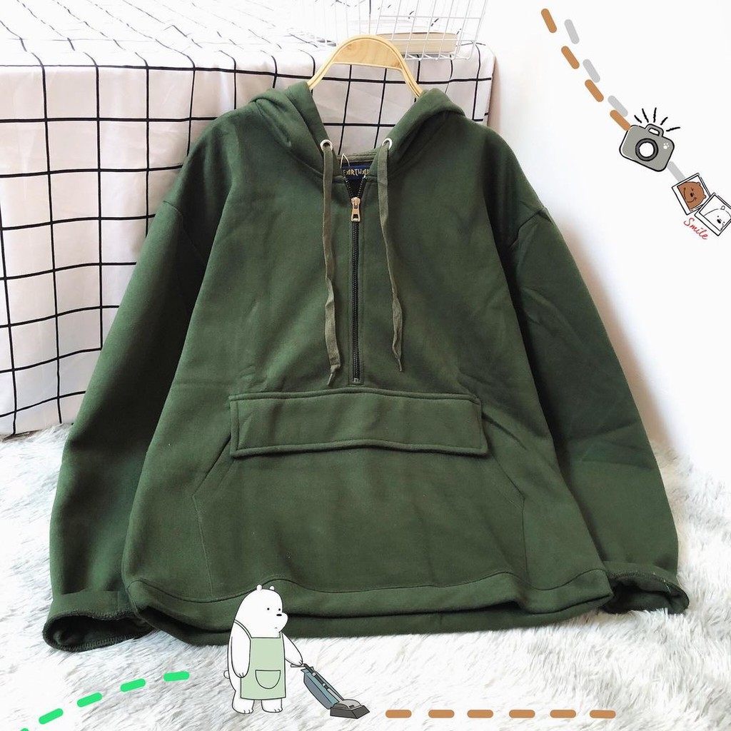 Áo hoodie zip túi nắp xanh rêu - ẢNH THẬT