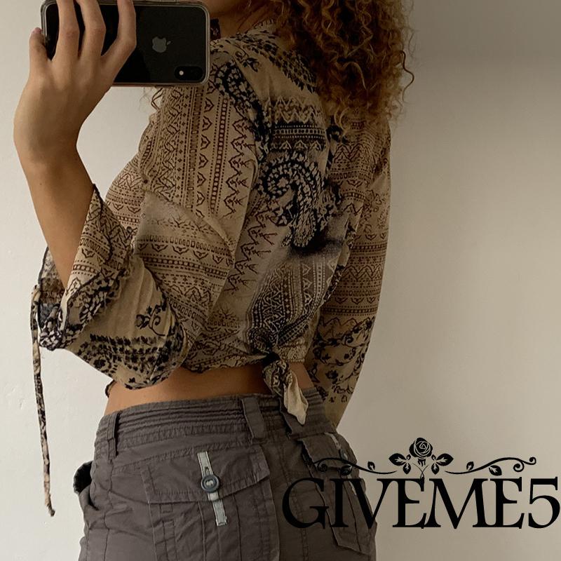 Áo Thun Tay Loe Dài Cổ Chữ V In Họa Tiết Cổ Điển Thời Trang Mùa Xuân Cho Nữ Y2K