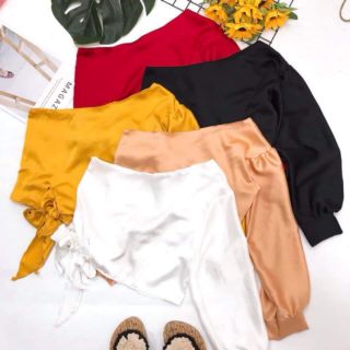 Áo lệch vai tay dài thắt nơ