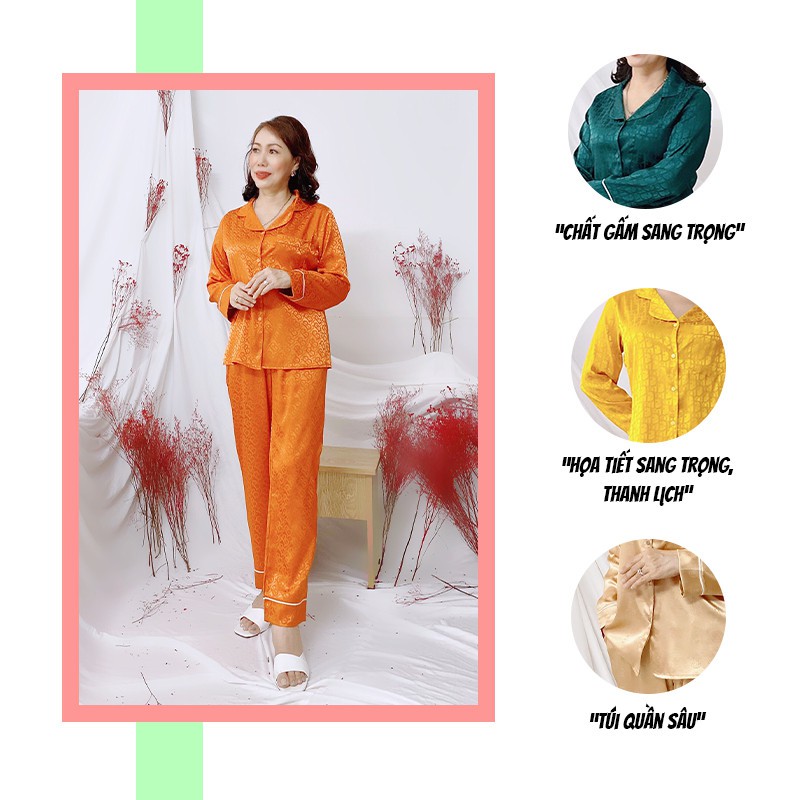 Bộ pijama dài tay SBORG đồ mặc nhà trung niên gấm họa tiết cao cấp có túi bigsize 45-75kg quà tặng mẹ và vợ