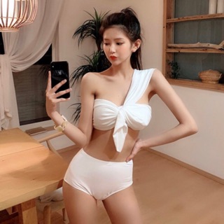 [ẢNH THẬT] BIKINI 2 mảnh dáng lệch vai, quần cạp cao (Trắng/Đỏ gạch)