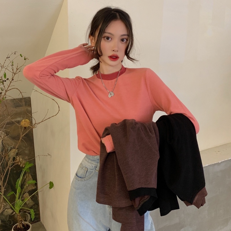 ZHELIHANGFEI Áo Thun Dài Tay Cao Cổ Màu Sắc Đơn Giản Thời Trang