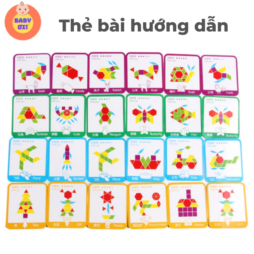 Bộ ghép hình Pattern Block bằng gỗ 155 chi tiết, sáng tạo cho giáo dục mầm non, phát triển trí tuệ cho trẻ từ 3 - 7 tuổi