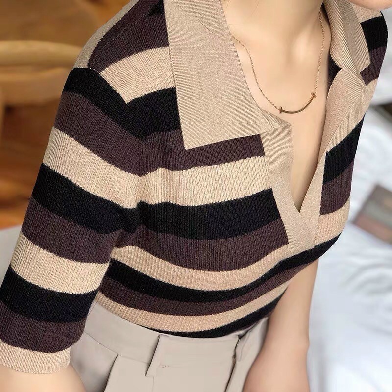 Áo Len Cổ Bẻ Sọc Nâu [ TNT Shop Bigsize 60kg - 90kg ] Ảnh thật 100% | BigBuy360 - bigbuy360.vn