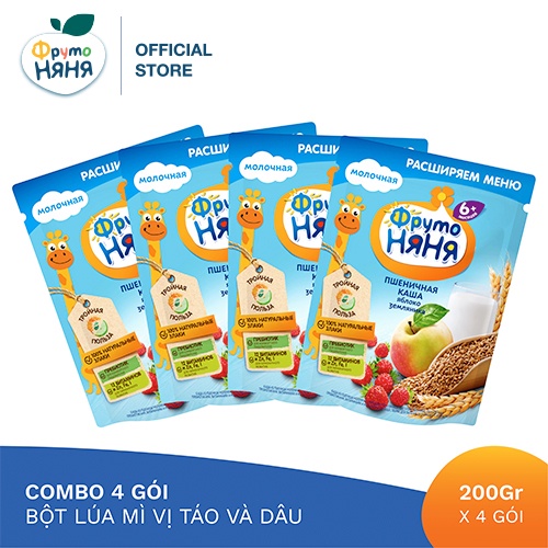 Combo 4 Gói Bột ăn dặm lúa mì táo dâu tây Fruto Nyanya 200g/gói