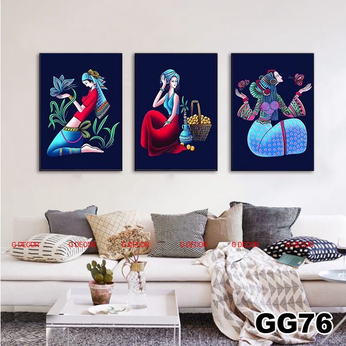 Tranh treo tường canvas 3 bức phong cách hiện đại Bắc Âu 209, tranh cô gái trang trí phòng khách,phòng ngủ, phòng ăn,spa