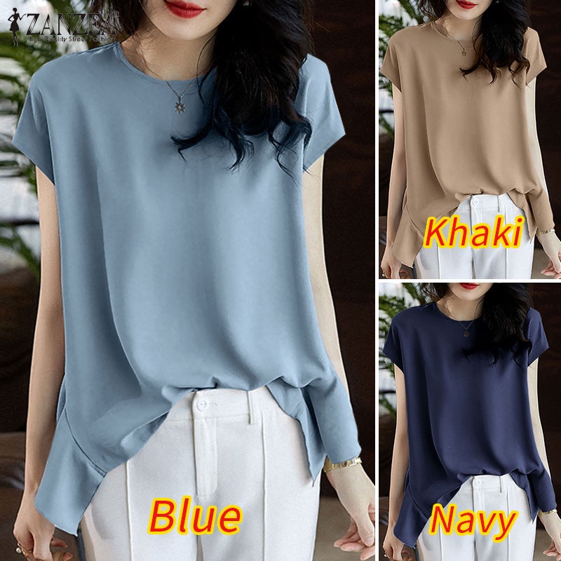 ZANZEA Áo Kiểu Tay Ngắn Cổ Tròn Cài Nút Sau Lưng Thời Trang Cho Nữ