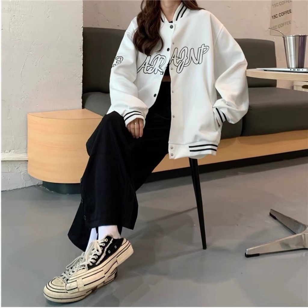 Áo Khoác Bomber Nữ Phong Cách Ulzzang Form Rộng Unisex Hai Màu Đen Trắng Che Gió Mùa Đông Ấm Áp_NN36AR