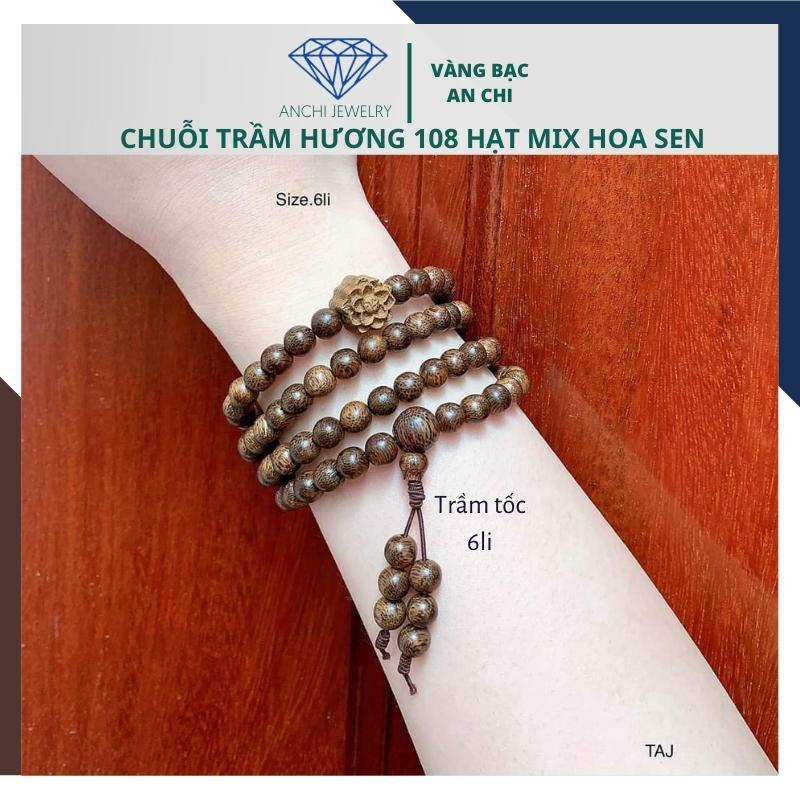 Vòng tay trầm hương 108 hạt mix charm hoa sen bạc cho nữ - size 6 8mm, Anchi jewelry