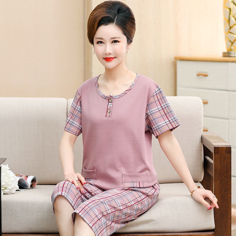 Pyjama phụ nữ quần dài ngắn tay cắt bông cotton của bà mẹ trung niên cỡ lớn cho người béo mm vợ QuốcAA