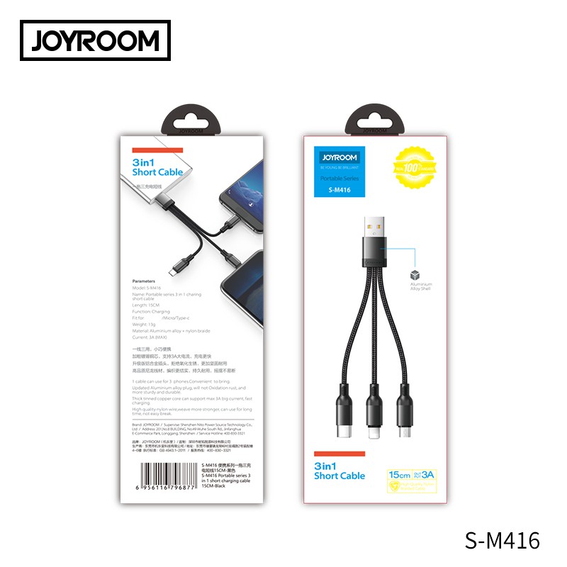 Dây cáp sạc 3 in 1 Micro USB, Type-C, Lightning hỗ trợ sạc nhanh hiệu JOYROOM S-M416 (Sạc nhanh 3A) - Hàng chính hãng