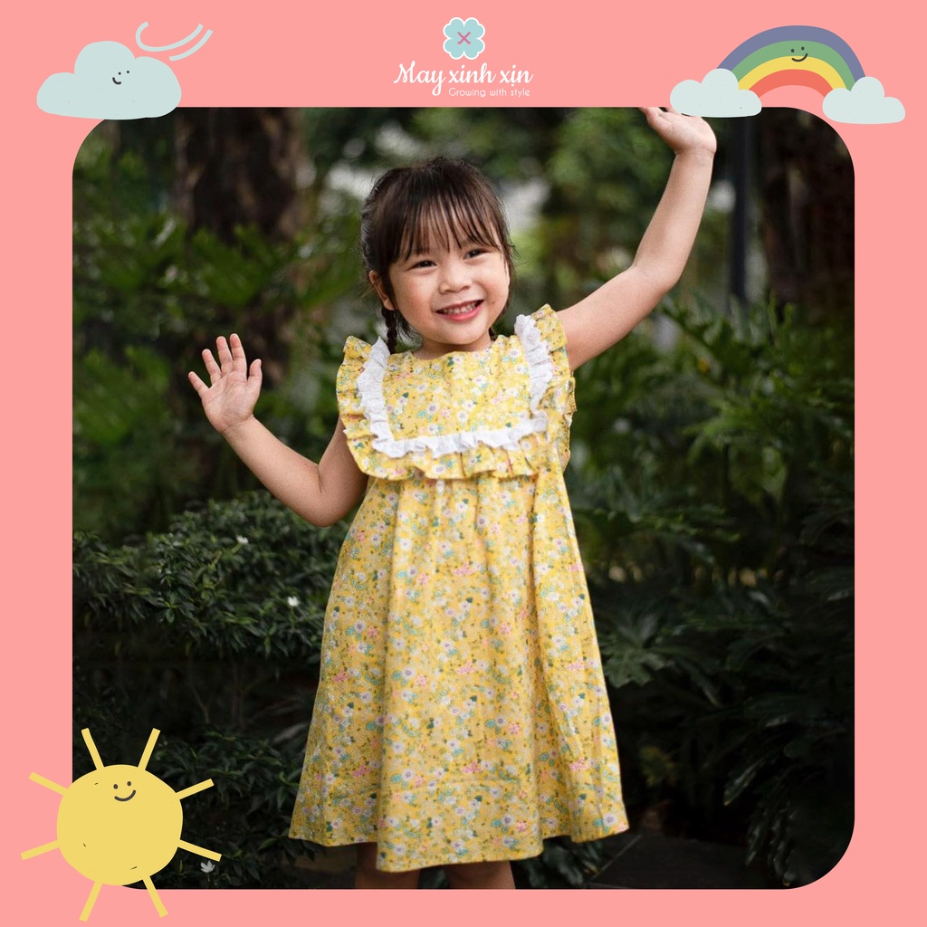 Váy hè bé gái - Váy thiết kế cho bé - Đầm hè thiết kế cho bé gái - váy thô hoa vàng bèo ngực Sunny