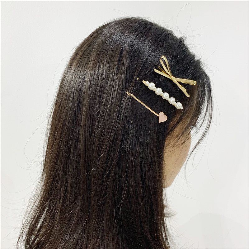 Kẹp Tóc Ba Món Đính Nơ Ngọc Trai Hình Trái Tim Phong Cách Hàn Quốc Cho Nữ