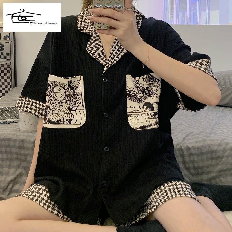 Bộ Đồ Ngủ Ngắn Tay Màu Đen Phong Cách Hàn Quốc Dành Cho Nữ