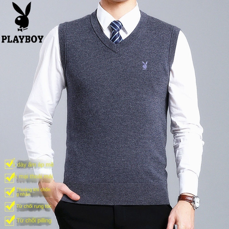 Playboy VIP Vest len ​​nam Cổ chữ V Rắn màu Không tay dệt kim Áo len ghi lê Áo len cardigan Vest thường