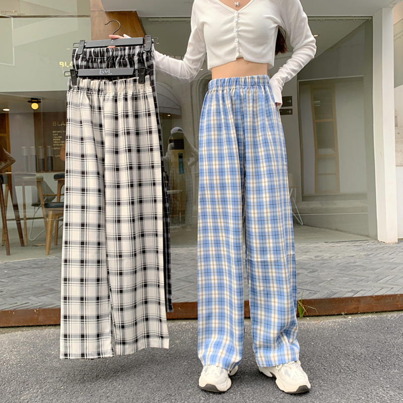 Quần Nữ Ống Rộng Lưng Cao Họa Tiết Caro Thời Trang