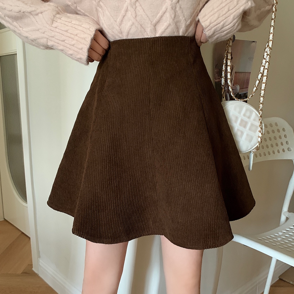 Chân váy chữ A SUXI cạp cao màu trơn đơn giản phong cách Hàn Quốc