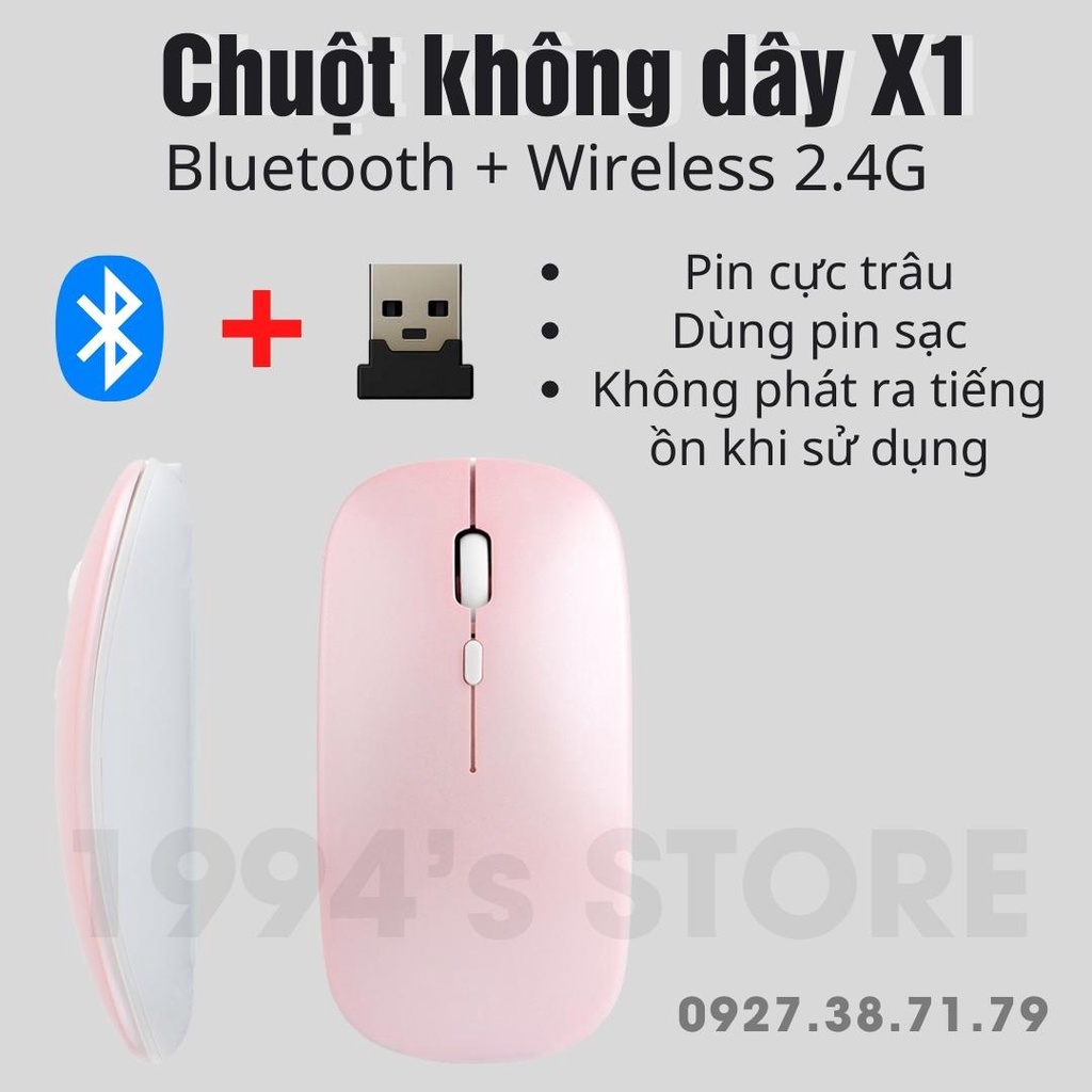 (CÓ SẴN) Chuột Không Dây X1 Bluetooth 5.1 và Wireless 2.4G Nhỏ Gọn, Nhẹ, Dùng Pin Sạc, Không Âm Thanh