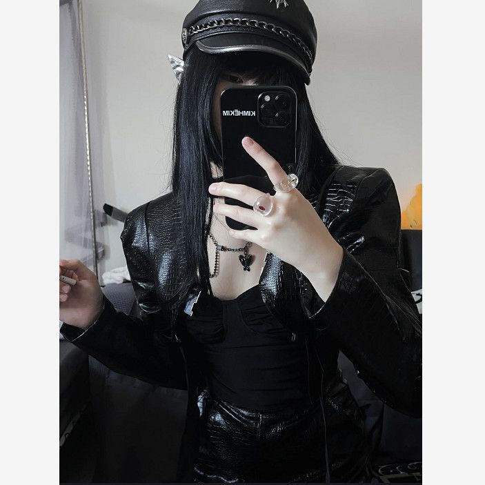 Set Áo Khoác Da Cá Sấu + Chân Váy Dài Lưng Cao Thời Trang Đường Phố Cho Nữ