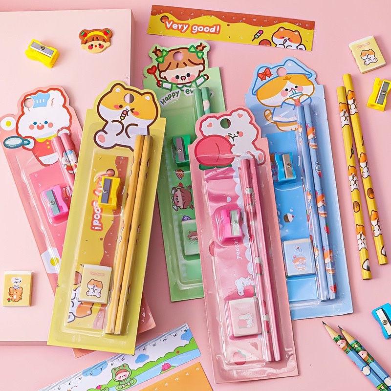Bộ 5 Dụng Cụ Học Tập Gồm Bút Chì + Tẩy + Thước + Đồ Chuốt Tiện Dụng Cho Bé