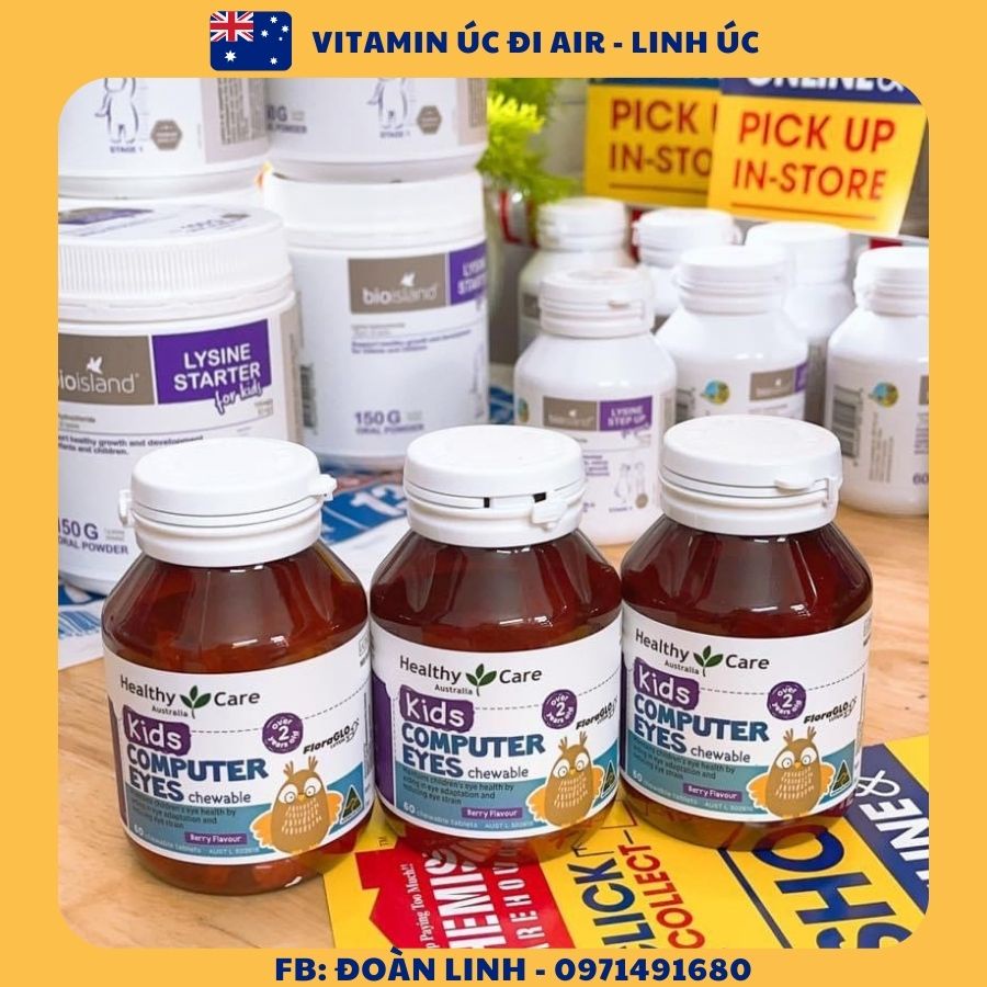 Bổ mắt Healthy Care Kids Computer Eyes cho Bé 60 viên, HÀNG CHUẨN ÚC, Viên Nhai Hỗ Trợ Mắt Cho Bé Healthy Care Kids