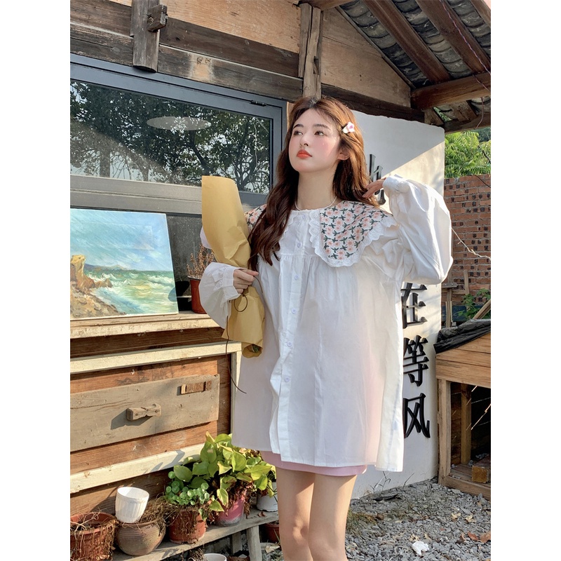 Áo Sơ Mi Trắng Tay Dài Cổ Búp Bê Họa Tiết Hoa Thời Trang Hàn Quốc Thiết Kế Ngọt Ngào Cho Nữ