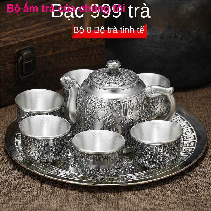 nhà cửa đời sốngBộ ấm trà bạc Baifu 999 sterling phong cách Trung Quốc 1 khay bình 6 chén Longteng retro để gửi qu