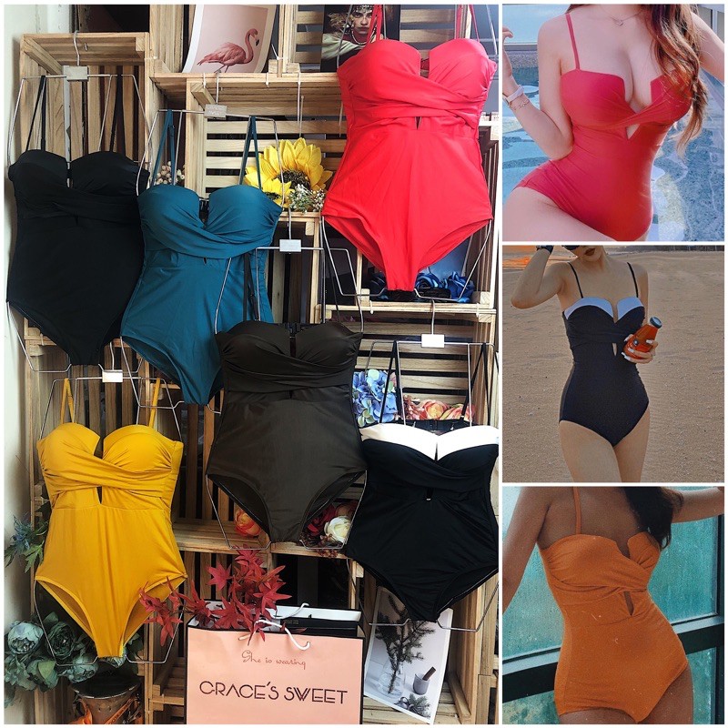 [Sẵn + Hình thật]Bộ bơi bikini 1 mảnh liền xẻ ngực cực sang chảnh nâng ngực nhiều màu du lịch biển