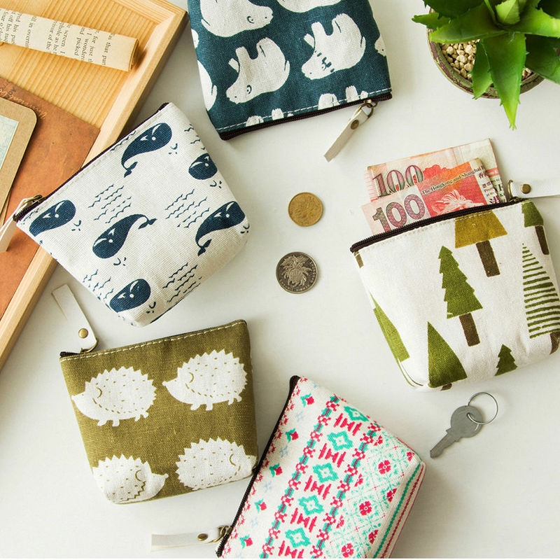 Ví Đựng Tiền Xu/Tai Nghe Bằng Vải Cotton Lanh Họa Tiết Hoạt Hình Phối Khóa Kéo Phong Cách Retro